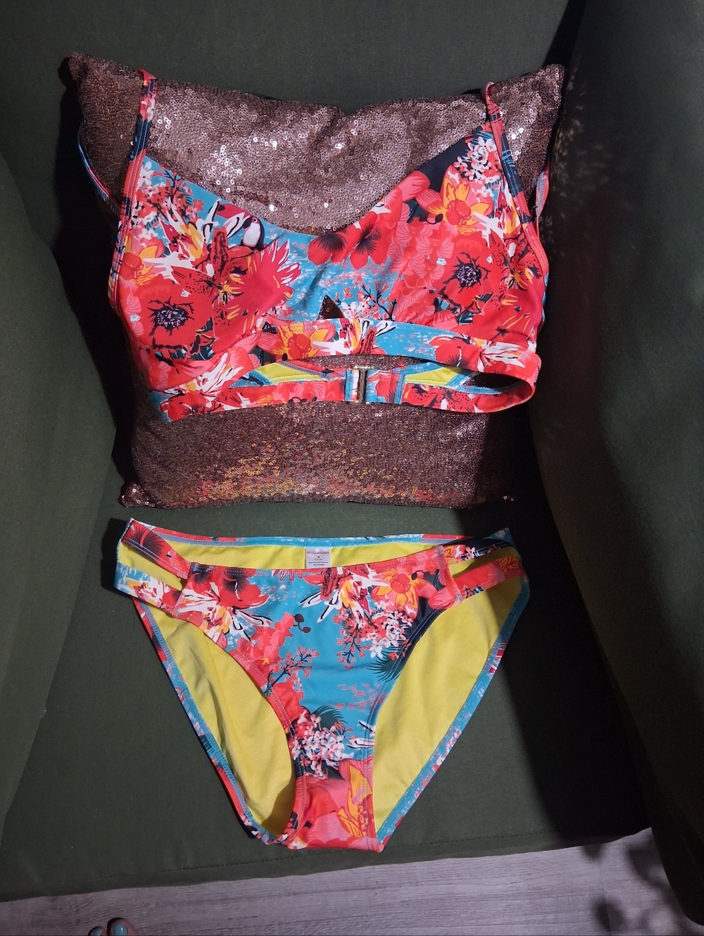 Nwt RELLEGIGA Floral Two-Piece Bikini Set - Turquoise & Coral Floral S/M